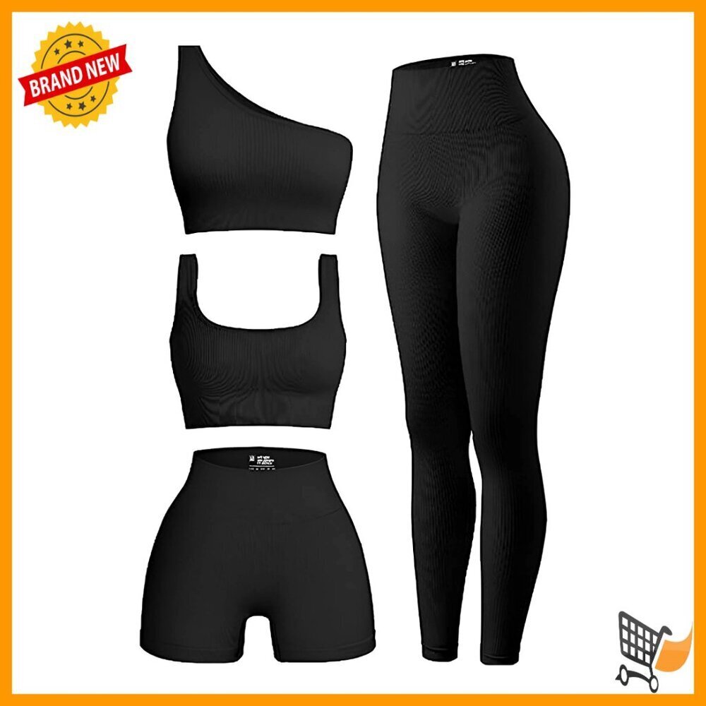 Ribbed Workout Set 4-Piece Yoga Activewear Gym Outfit Tummy Control
